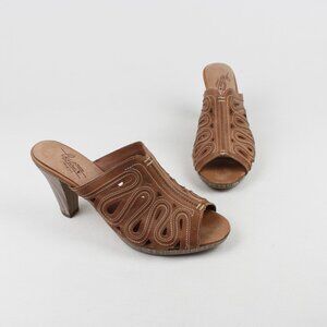 Pikolinos Tan Leather Slip-on Cone Heel Sandals